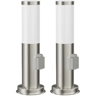 ledscom.de 2x Pollerleuchte PORU mit Steckdose für außen, edelstahl, rund, 38,5cm, inkl. E27 Lampe, 471lm, extra-warmweiß