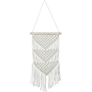 Relaxdays Makramee Wandbehang, handgefertigt, Boho Style, Wanddeko, H x B: 70 x 25,5 cm, Baumwolle & Holz, creme