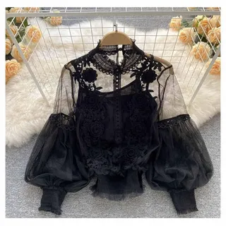 LUMoony Damen Spitzen Oberteil Langarm 1Pcs Casual Blusen Hemden Spitzen Oberteile einfarbig Langarmshirt Top Transparent Tüll Oberteile mit Blumen Spitze Casual Blusen Hemden Bluse Langarm