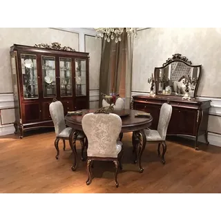 E70 Runder Esstisch + 4 Stühle Stuhl Esszimmer Komplett Garnitur Barock Rokoko - Braun