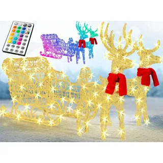 KESSER® 240er LED Rentiere mit Schlitten weiß Timer Weihnachtsbeleuchtung für außen und innen Weihnachtsfigur Weihnachtsdekoration - Bunt