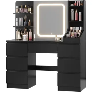 JUMMICO Große Schminktisch mit Verstellbaren LED-Beleuchtung Schminktisch mit Spiegel 64cm*54cm Einstellbare Helligkeit 7 Schubladen, 4 Offenen Ablagen Moderner Stil 110x40x139cm Klavierschwarz