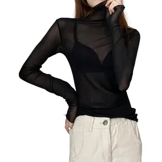 UEIOAVL Blusen & Tuniken für Damen, 1 Stück Damen Sexy Mesh-Oberteile Schwarzes Tüll-Unterhemd Durchsichtiges T-Shirt Lässige Oberteile Für Den Alltag Und Party (Schwarz)