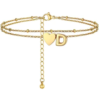 PROSTEEL Herz Fußkettchen für damen, Buchstabe D Fußkette 22cm, Gold Dopple Fußkettchen Mädchen