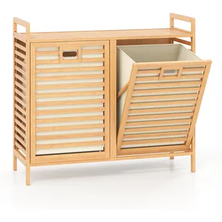 LIFEZEAL Wäschekorb, Bambus Wäschesammler mit Regal | Wäscheregal mit abnehmbaren Beuteln, Wäscheschrank mit Griffen, Laundry Baskets für Wäscherei, Bad, 80 x 30 x 72 cm