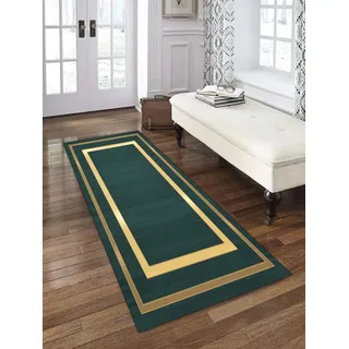 ZDOHMij Läufer Teppich Flur Grün Gold Korridor Modern rutschfest Designer, Küchenläufer TeppichLäufer Waschbar für Flur, Schlafzimmer, Wohnzimmer, Breite 60cm/ 70cm/ 80cm/ 90cm/ 100cm/ 120cm