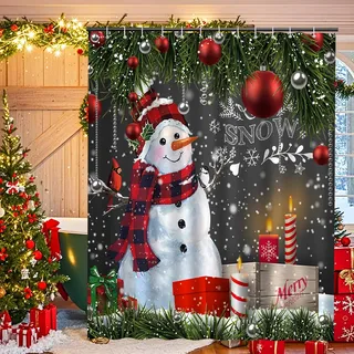 Figarge Weihnachts Duschvorhang Schimmelbeständig Badezimmer Vorhänge Wasserdicht Duschvorhang 100% Polyester Fenster Vorhänge mit 12 Haken (Rot, 180X200CM)