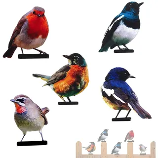 JIXLOUR Vögel Deko 5 Stück Metall Gartendeko - Bunt Bemalte 2D Vogel Gartenstecker, Draußen Deko Für Frühling Bäume, Holz Zaunfiguren Und Gartendekoration