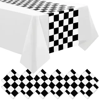 DEMIUKO 12 Stück Karierter Tischläufer Schwarz Weiß Plastik Einweg Tisch Läufer 35x274 cm Rennflagge Raster Party-Tischläufer Esstisch Tischdeko für Kinder Geburtstag Party Drinnen Draußen Deko