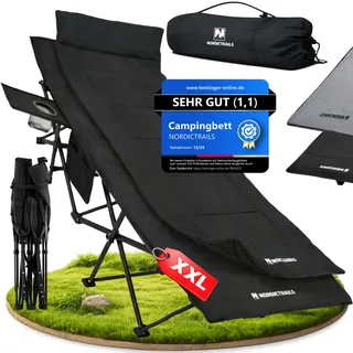 Feldbett klappbar in 10 Sek aufgebaut – NORDICTRAILS XXL Camping Bett Liege | FAZ Testsieger · Bis 200 kg belastbar & 80 cm breit · Bequemes Feldbett mit Matratze & Auflage · Karpfenliege & Campingliege
