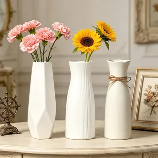 HAOTIAN-X 3er-Set Keramikvasen (21 cm), dekorative Vasen im Boho- und Landhausstil für Pampasgras, 3 Verschiedene Modelle, Moderne, geriffelte Tischdekoration für Schlafzimmer, Büro und Wohnbereich