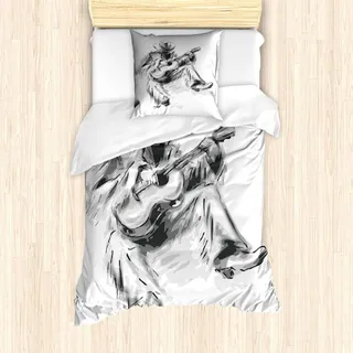 ABAKUHAUS Musik Bettbezug Set, Illustration eines Cowboys, der auf dem Boden sitzt und den Gitarren-Druck spielt, 135 x 200 cm + 80 x 80 cm, Schwarz und Hellgrau
