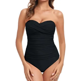 RELLECIGA Damen-Badeanzug, trägerlos, einteilig | Bandeau, vorne gedreht, gerüscht, schlank, verstellbare und abnehmbare Träger, vollständige Abdeckung, geformte Körbchen