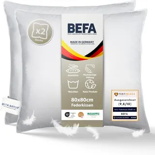 BEFA NATUR Federkissen 80x80 cm (2 Stück) | Kopfkissen Set 100% Federn | 1500g Füllgewicht/Stück | Allergiker geeignet (NOMITE) | Tierwohl zertifiziert (DOWNPASS) | OEKO-TEX Klasse 1 | Made in Germany