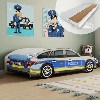 Autobett Kinderbett Jugendbett 70x140 | 80x160 mit Rausfallschutz & Matratze | 70x140 cm Polizei Polizeiauto Polizist Kinder Spielbett - Blau