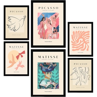 Nacnic Set mit 6 Postern von Picasso und Matisse. Körper. Drucke des Fauvismus und Surrealismus für Innenarchitektur und Dekoration. A3 & A4 schwarze Rahmen.