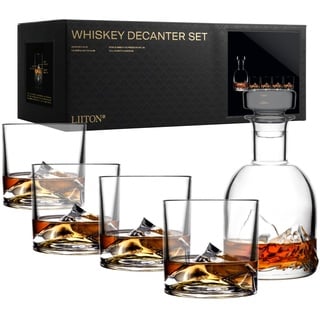 LIITON Whisky Gläser Everest 5-teilig aus Kristallglas, Tumblergläser mit Dekanter, Geschenke für Männer für Cocktails, Gin, Bourbon, Rum, Trinkgläser Geschenkset