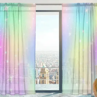 Mnsruu Transparente Gardine, Unicorn Mit Regenbogen Mesh Weiche Tüll Voile Vorhänge für Wohnzimmer Schlafzimmer 140 x 198 cm, 2er Set