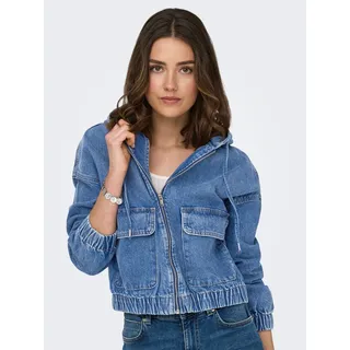 Jeansjacke ONLY "ONLKENZIE – Jeansblouson mit Kapuze und Reißverschluss", Damen, Gr. XL, blau (medium blau denim), Denim/Jeans, Obermaterial: 100% Baumwolle, unifarben, elastischer Bund, Jacken Jeansjacke, unifarben, modisch, regular fit, Denim, Kapuze