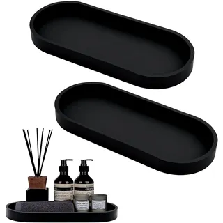 2 Stück Badezimmer Tablett, Deko Tablett Schwarz Silikon, Ablageschale für Schminktisch, Effiziente Lagerung, Elegantes Deko Badezimmer, Kleines Tablett für Wohnzimmer und Schlafzimmer, Oval - Schwarz