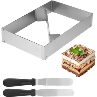 Backrahmen Rechteckig Verstellbar, 5 cm hoher Edelstahl Tortenring Eckig, Backrahmen Eckig Verstellbar Range 18x35-34x53 cm mit Abteiler und 2 Spateln zum Backen und Schichten von Kuchendekoration