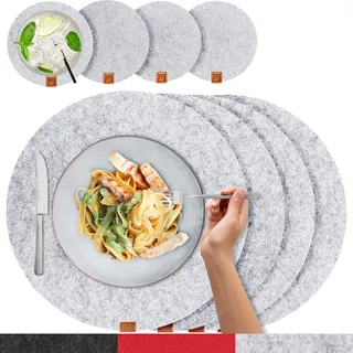 MIQIO® - Filz und Leder - Design Platzsets (Rund) - Set mit 4 waschbaren Premium Tischsets 37 cm und 4 Getränkeuntersetzern (hellgrau Graumeliert)