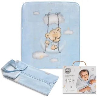 Neugeborenen- Babyschlafsack 3-In-1-Wickeldecke mit Kapuze -"Osito Nube Blau" · Kleinkind Warmer Dicker Kinderwagen-Schlafsack Weiche Strickdecke · 80x90 cm · INTERBABY