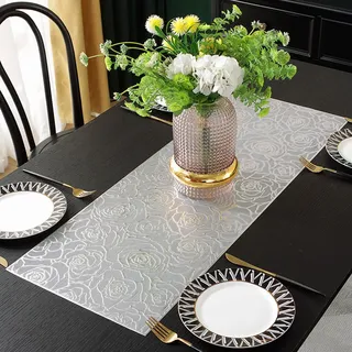 Hosoncovy Hohl Rose Tischläufer rutschfeste dekorative PVC Tischmatten Tischset Hitzebeständige Matten für Home Party Küche Essen Hochzeit Dekor (92CM X 33CM) (Silber)