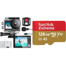 Exprotrek Action Cam,4K 30fps Ultra HD & SanDisk Extreme microSDXC UHS-I Speicherkarte 128 GB + Adapter (Für Smartphones, Actionkameras und Drohnen, A2, C10, V30, U3, 190 MB/s, RescuePRO Deluxe)