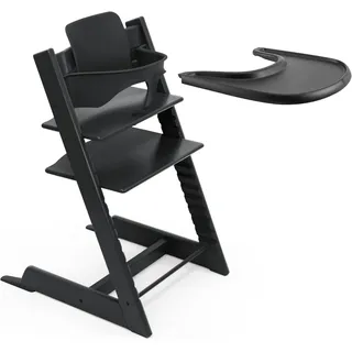 Stokke Tripp Trapp Hochstuhl, Buchenholz Schwarz + Tray Schwarz | Kinderstuhl ab 6 Monaten, inkl. Baby Sitz & Tisch, mitwachsend bis Erwachsenenalter, Neugeborenen Aufsatz seperat erhältlich