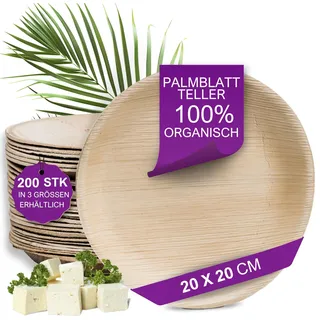 Waipur Bio Palmenblatt Geschirr - 200 Stück rund Ø 20 cm - Premium Einweggeschirr kompostierbar - Umweltfreundliches Partygeschirr - Palmblatt Teller