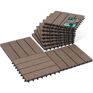 VOUNOT® 16 Stück WPC Terrassenfliesen 30x30 cm, Klickfliesen Outdoor Fliesen Balkonfliesen wetterfest mit Drainagefunktion, Bodenbelag rutschfest & zuschneidbar für Balkon & Terrasse, Braun