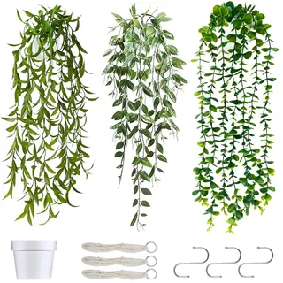 YAOYIN® 3er Set Hängepflanze Künstlich, Kunstpflanze Hängend im Topf, Künstliche Hängepflanzen Eukalyptus, Künstliche Pflanzen Wie Echt, Fake Plant für Modern Indoor Outdoor Balkon Garten Deko(60cm)
