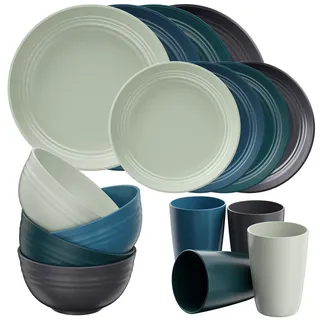 Quatish Kunststoff Geschirrset aus PP, Unzerbrechliches Camping Geschirr Set für 4 Personen, 16PCS Wiederverwendbare Tafel-Set für Kinder und Erwachsene, Geschirrspüler Mikrowelle Sicher, Grün