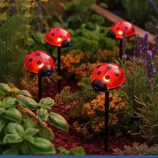 Maximex Solar LED Gartenstecker Marienkäfer, 4er Set, rote LEDs, Dämmerungssensor, wetterfest, Solar Gartenbeleuchtung für Beete und Pflanzkübel, je 8 x 14 x 6 cm, Kunststoff