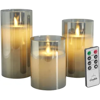 LC Home Candela Lights LED Kerzen Set Echtwachs inkl. Glas mit Fernbedienung Timer Funktion & mehrstufig dimmbar bewegliche Flamme Echtwachskerzen (Grau)
