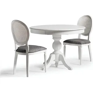 Luxus Essgruppe Esszimmer Runder Esstisch Stühle 3tlg Weiß Stoff Holz - Weiß
