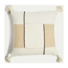 M&S Collection Pure Cotton Embroidered Tassled Cushion - Ecru Mix, Ecru Mix - One Size