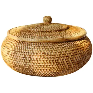 Tiamu Rattan Aufbewahrungskorb mit Deckel, Round Natürlicher Brotkorb Geflochten Obstkörbe, Eierkorb, Snack-Korb, Dekorativer Schreibtisch-Schmuck Organizer Geschenk Box für Tisch oder Regal