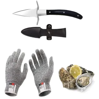 Kaqisen Austernmesser Oyster Knife Set Austernöffner Schnittfeste und Handschuhe für Muscheln Oder Hartkäse Geeignet Holzgriff Edelstahl (Schwarz, Medio/M)