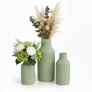 Relaxdays Vasen 3er Set, Blumenvasen, 3 versch. Größen, Salbei | Frisch- & Trockenblumen, Dekovase aus Keramik, Tischdeko