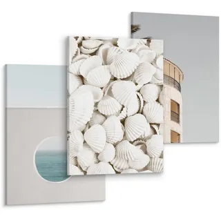 Muralo Leinwandbilder 3-er Set Muscheln 3D Meer , Blau, Weiß, Beige, Grau , Textil , Wasser/Strand/Meer, Stadtarchitektur , Rechteckig , 90x40 cm , Bilder & Rahmen, Bilder