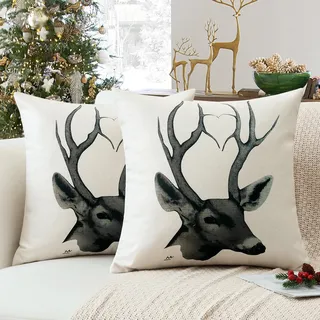 Sungeek 2er Set Weihnachten Kissenbezüge, Hirsch Doppelseitiges Muster Dekorative Zierkissenbezüge Winter Kissenbezug Weihnachtsdeko Kissenhülle für Sofa Schlafzimmer Wohnzimmer (40x40 cm, Tusche)