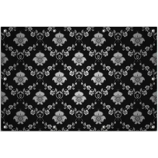 Wallario Outdoor-Poster für Garten oder Balkon, Motiv Grau-schwarzes Blumenmuster Damast, in ca. 80 x 120 cm - Schwarz