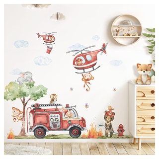 DEKO KINDERZIMMER Wandsticker Feuerwehr XXL Sticker Set Wandtattoo Babyzimmer Tiere Baum Wandaufkleber Wanddeko DK1039-5