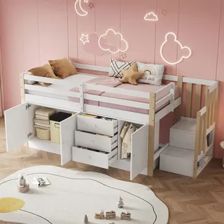 Flieks Etagenbett 90x200cm mit Schrank und Schubladen, Hochbett Kinderbett mit Kleiderschrank, Holzbett Einzelbett mit Rausfallschutz & Treppe, Weiß - Weiß