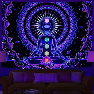 Ulticool – Mandala Chakra - Glow in the Dark Wandteppich - Schwarzlicht under UV Reaktive Bright Black Neon Light - Blacklight Psychedelisch im Dunkeln Leuchtende Wandtuch - 200 x 150 cm Groß