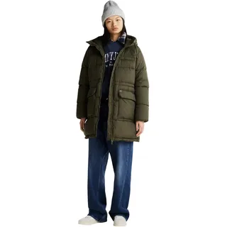 Tommy Jeans Damen Daunenmantel Midi Puffer mit Kapuze, Grün (Fatigue Green), L