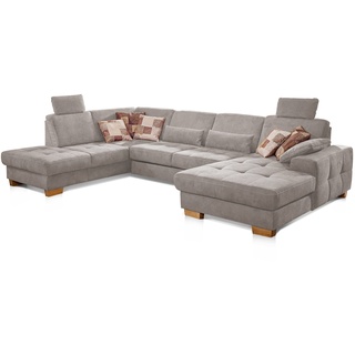 CAVADORE Wohnlandschaft Puccino mit Federkern, Sitztiefenverstellung und 2 Kopfstützen / Sofa in U-Form im Landhausstil / 340 x 86 x 224 cm / Mikrofaser Hellgrau