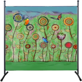 Paravent Raumteiler, 180 x 178 cm, Grüne Blumen, Sichtschutz für Balkon und Garten